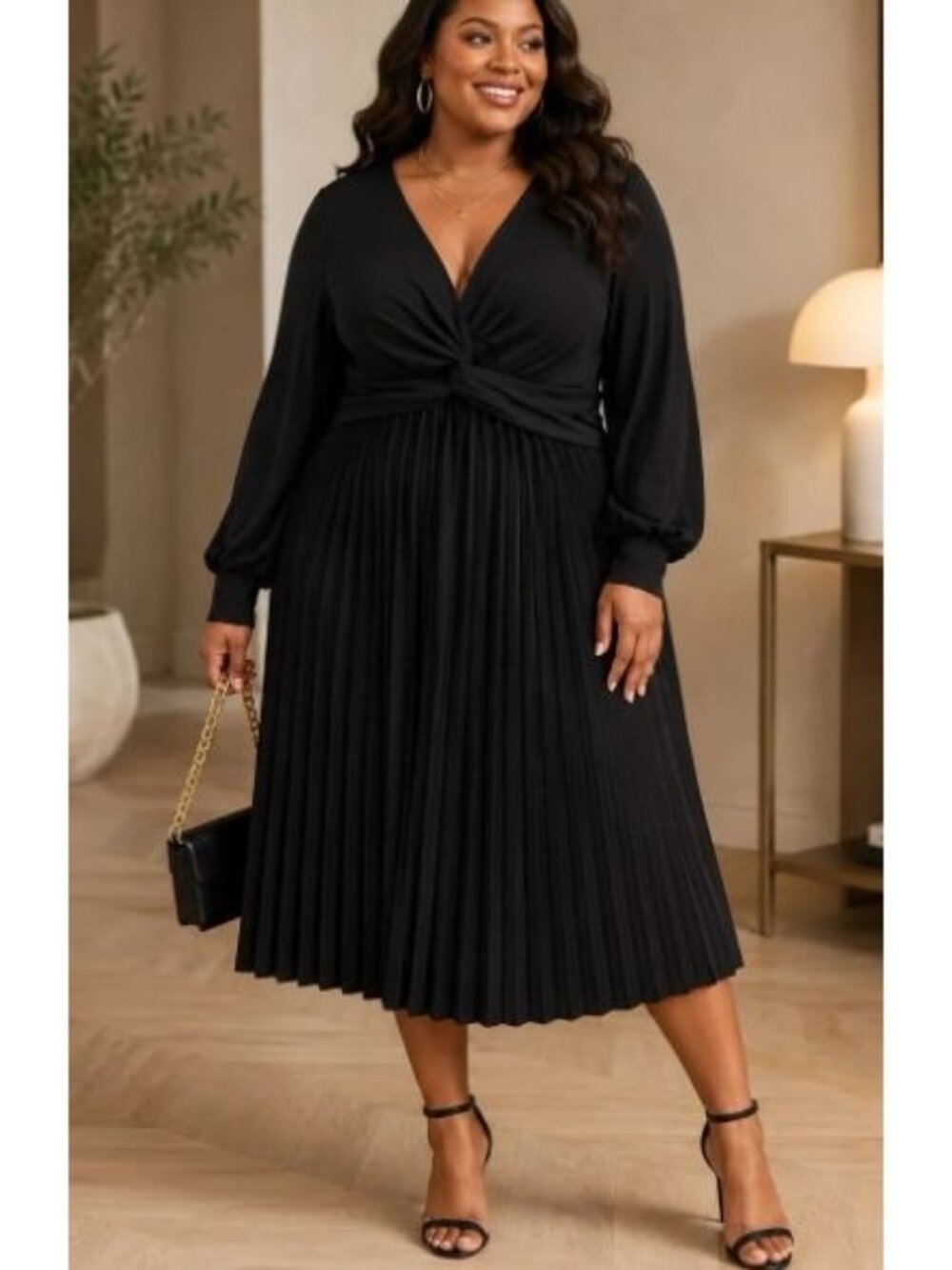 Eloquii Black Draped Wrap Pleated Long Balloon Sleeve Midi Dress 18